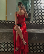 Pretty Mermaid Spaghetti Straps Slit Red Satin Prom Dress Long Prom Dresses