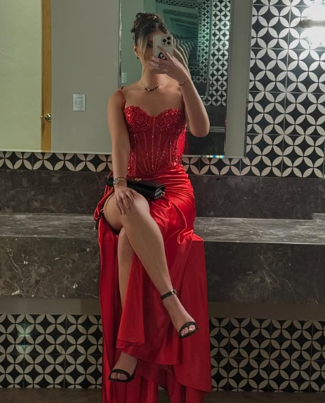 Pretty Mermaid Spaghetti Straps Slit Red Satin Prom Dress Long Prom Dresses