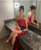 Pretty Mermaid Spaghetti Straps Slit Red Satin Prom Dress Long Prom Dresses