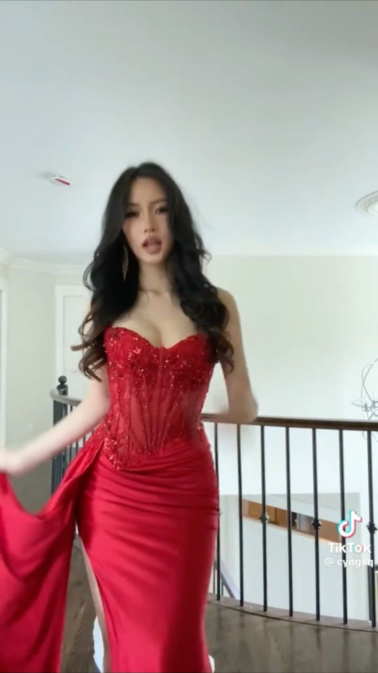 Pretty Mermaid Spaghetti Straps Slit Red Satin Prom Dress Long Prom Dresses Main image