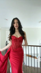 Pretty Mermaid Spaghetti Straps Slit Red Satin Prom Dress Long Prom Dresses