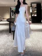 Pretty Mermaid Spaghetti Straps White Satin Prom Dresses Long Evening Gowns