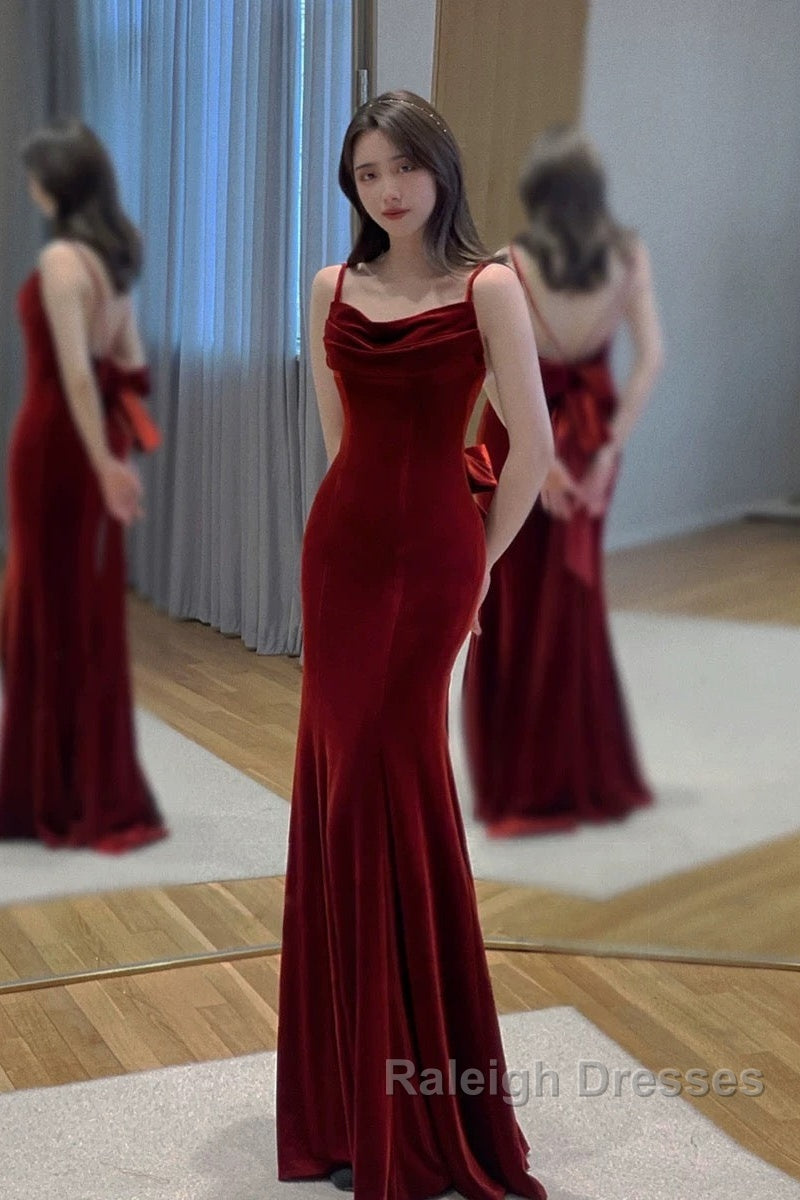 Pretty Mermaid Spaghetti Straps Wine Red Velvet Long Prom Dresses