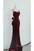Pretty Mermaid Spaghetti Straps Wine Red Velvet Long Prom Dresses