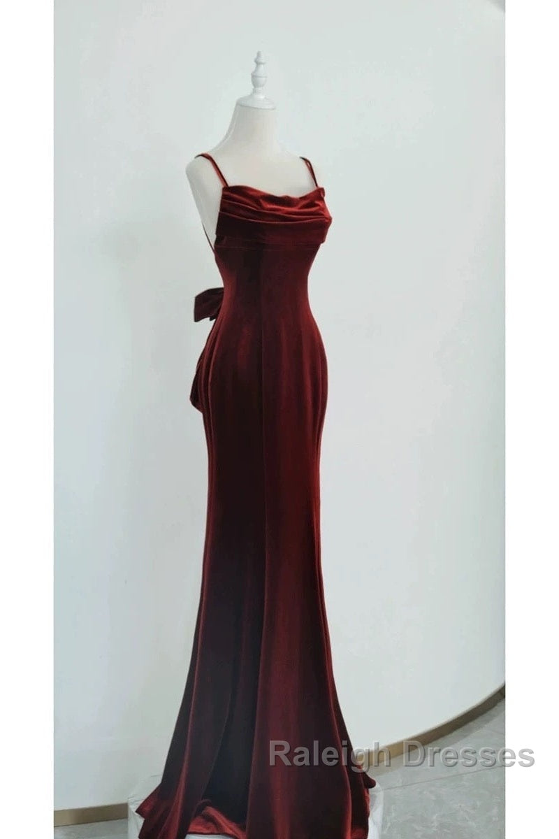 Pretty Mermaid Spaghetti Straps Wine Red Velvet Long Prom Dresses