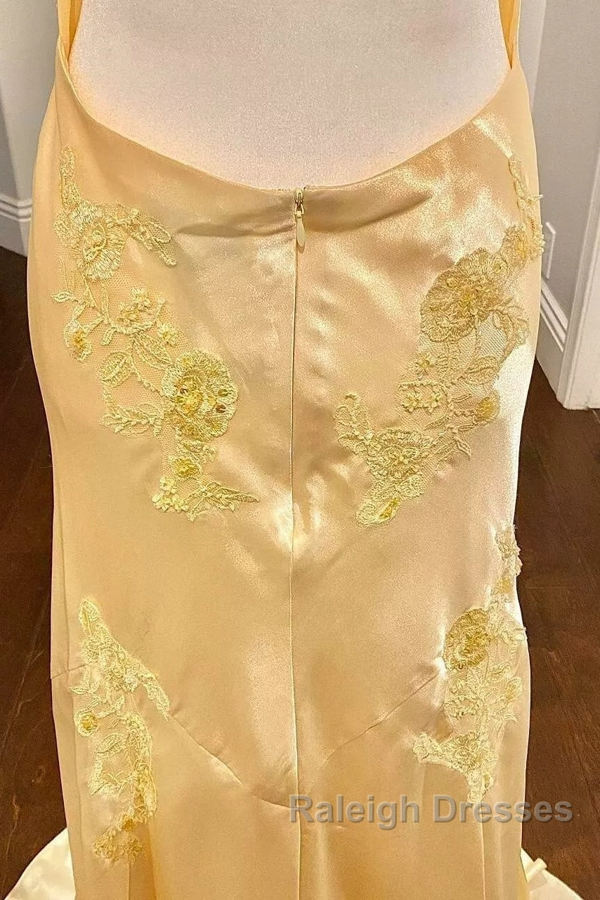 Pretty Mermaid Spaghetti Straps Yellow Backless Long Party Dresses Prom Dresses