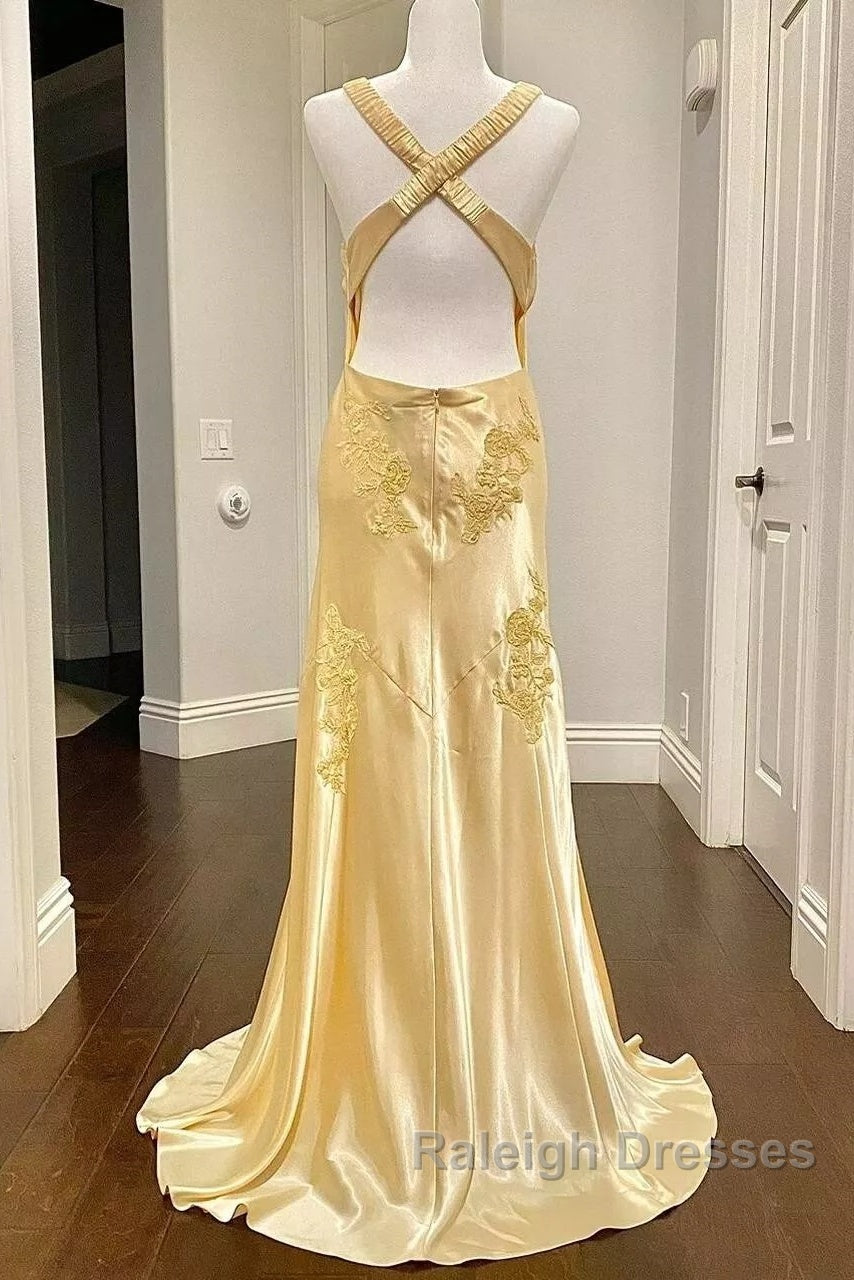 Pretty Mermaid Spaghetti Straps Yellow Backless Long Prom Dress