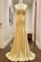 Pretty Mermaid Spaghetti Straps Yellow Backless Long Party Dresses Prom Dresses