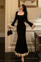 Pretty Mermaid Square Neckline Black Prom Dress Birthday Outfits Prom Gown