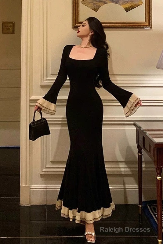 Pretty Mermaid Square Neckline Black Prom Dress Birthday Outfits Prom Gown