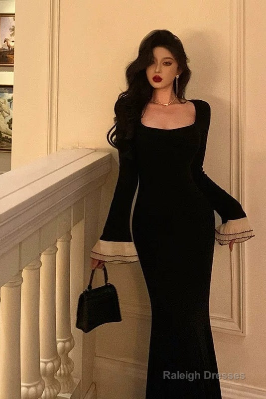 Pretty Mermaid Square Neckline Black Prom Dress Birthday Outfits Prom Gown