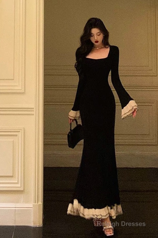 Pretty Mermaid Square Neckline Black Prom Dress Birthday Outfits Prom Gown