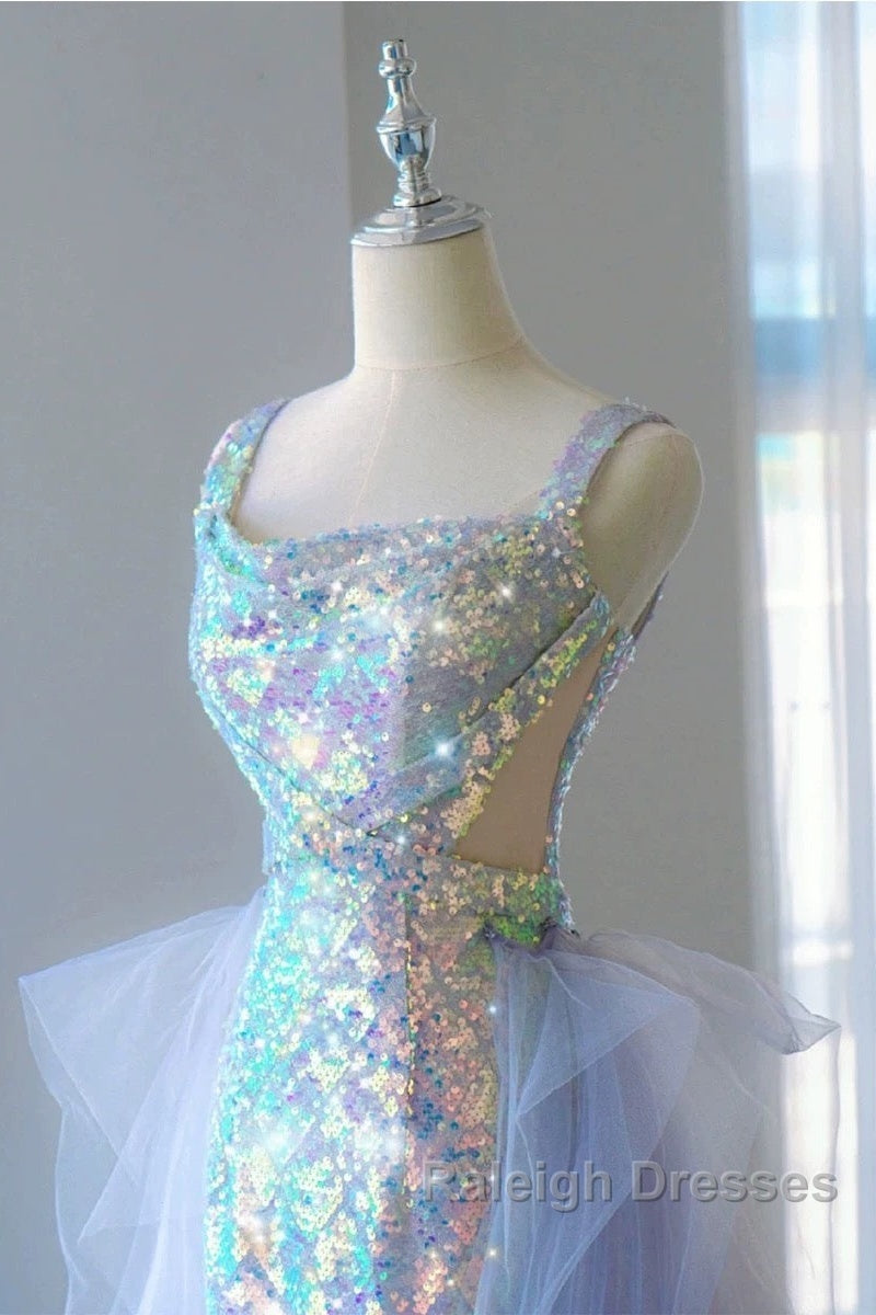 Pretty Mermaid Square Neckline Sequin Long Evening Dress Prom Dresses