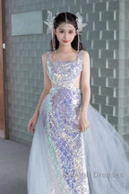 Pretty Mermaid Square Neckline Sequin Long Evening Dress Prom Dresses
