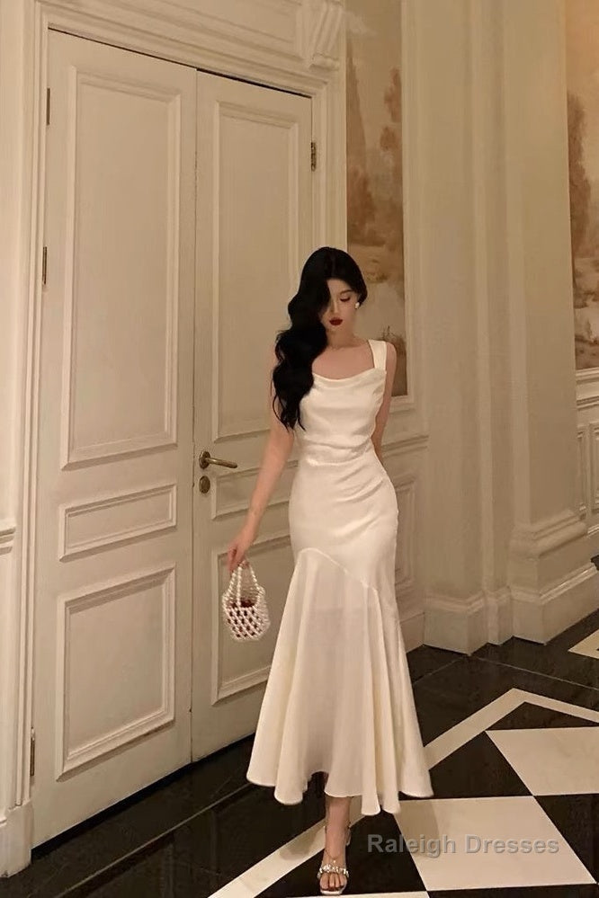 Pretty Mermaid Square Neckline White Date Night Dresses Prom Dress Birthday Prom Outfit