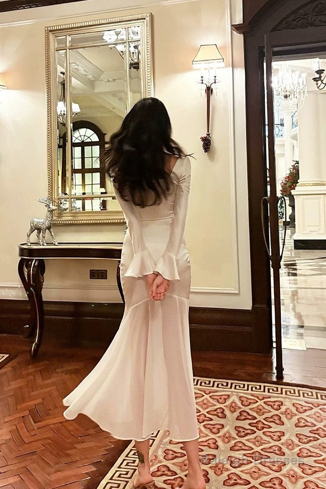 Pretty Mermaid Squere Neckline Satin Ankle Length Evening Dress Prom Dresses