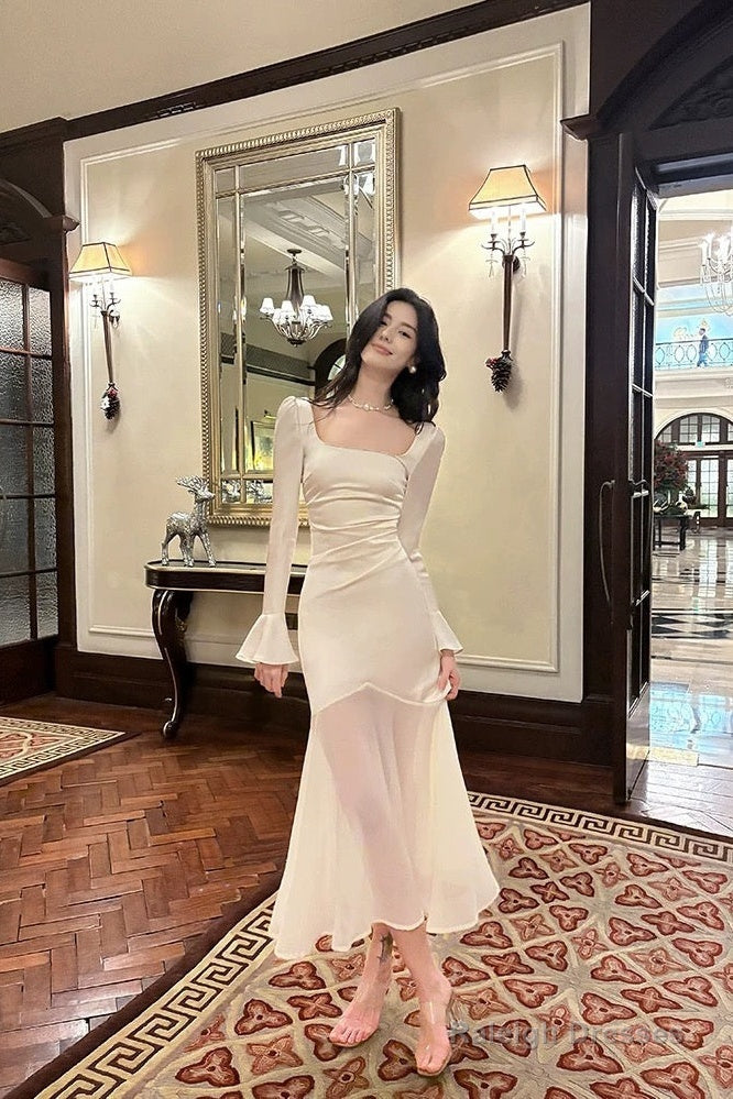 Pretty Mermaid Squere Neckline Satin Ankle Length Prom Dresses Main image
