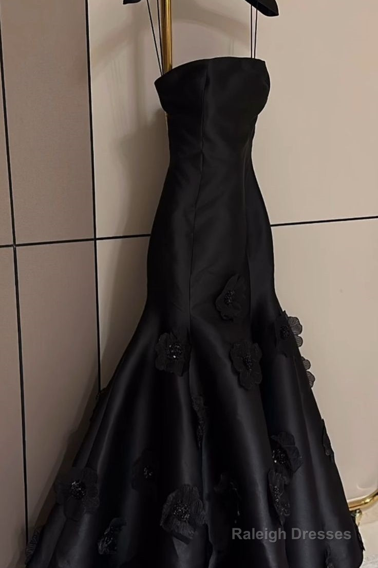 Pretty Mermaid Strapless Black Long Satin Prom Dresses With Flowers Secondary image