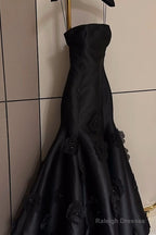 Pretty Mermaid Strapless Black Long Satin Prom Dress With Flowers