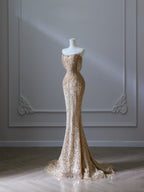 Pretty Mermaid Strapless Gold Sequin Beads Long Prom Dresses Formal Evening Dress