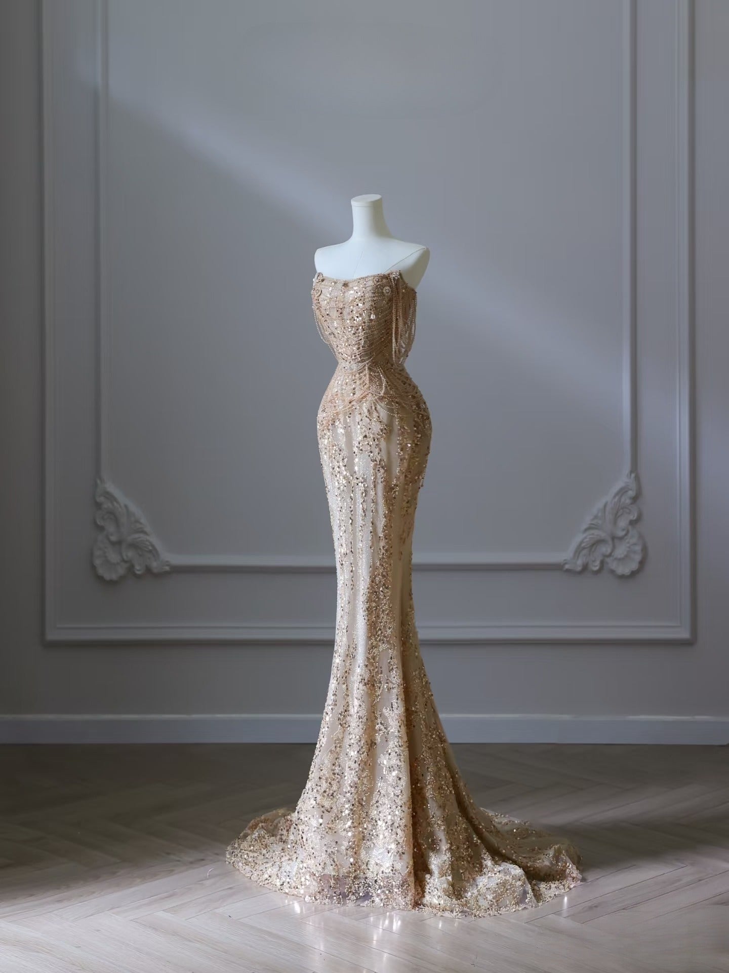 Pretty Mermaid Strapless Gold Sequin Beads Long Prom Dresses Formal Evening Dress