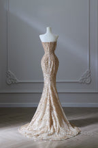 Pretty Mermaid Strapless Gold Sequin Beads Prom Dress Long Prom Dresses