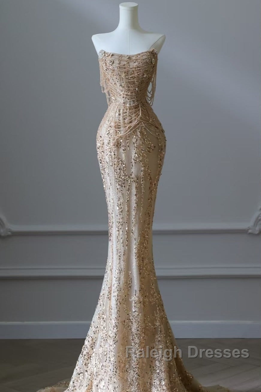 Pretty Mermaid Strapless Gold Sequin Beads Prom Dress Long Prom Dresses