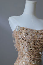 Pretty Mermaid Strapless Gold Sequin Beads Long Prom Dresses Formal Evening Dress