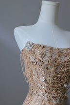 Pretty Mermaid Strapless Gold Sequin Beads Prom Dress Long Prom Dresses