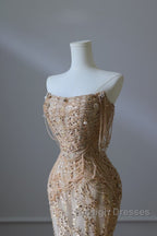 Pretty Mermaid Strapless Gold Sequin Beads Long Prom Dresses Formal Evening Dress