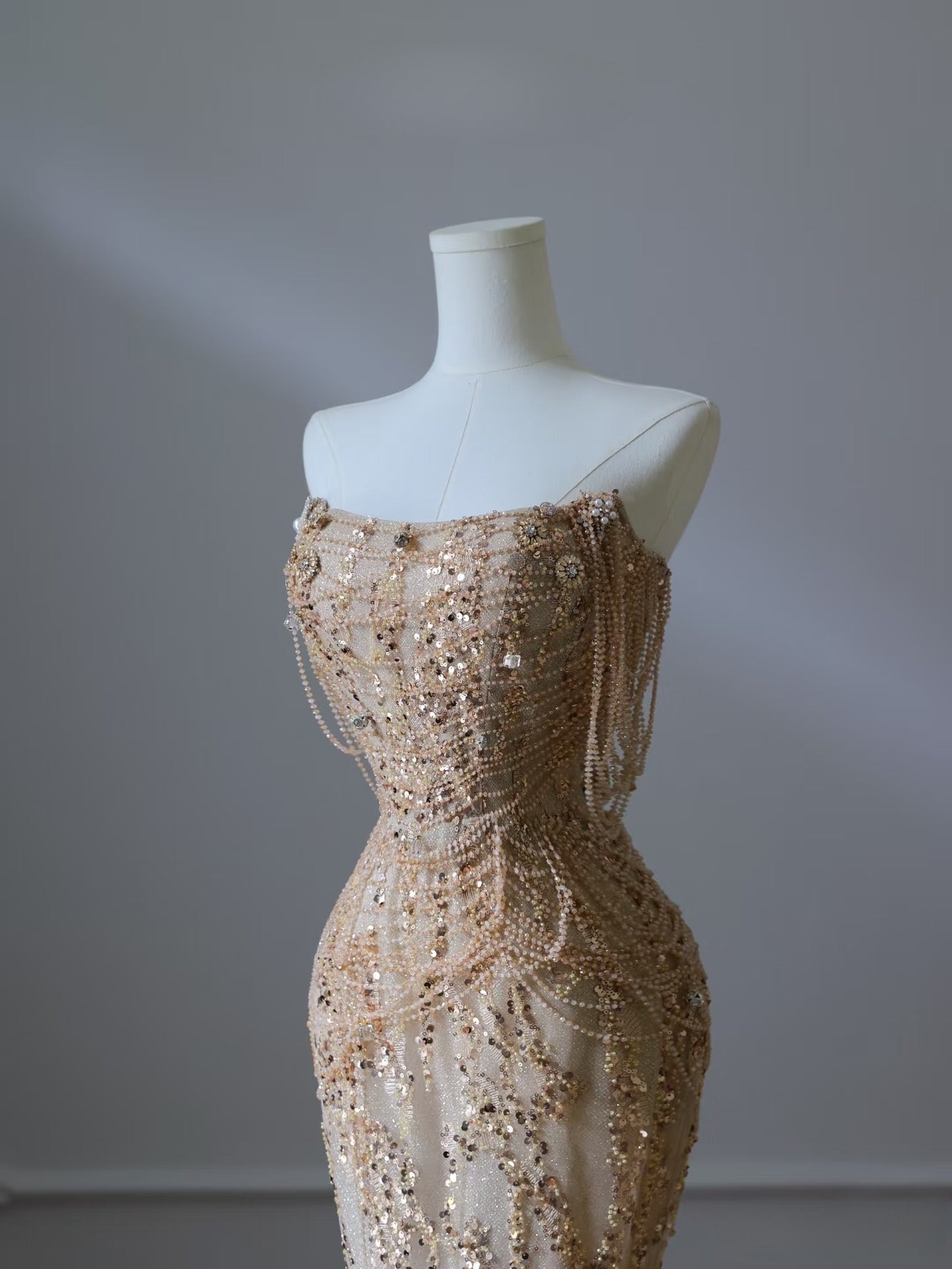 Pretty Mermaid Strapless Gold Sequin Beads Long Prom Dresses Formal Evening Dress