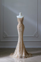 Pretty Mermaid Strapless Gold Sequin Beads Long Prom Dresses Formal Evening Dress