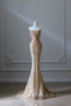 Pretty Mermaid Strapless Gold Sequin Beads Prom Dress Long Prom Dresses