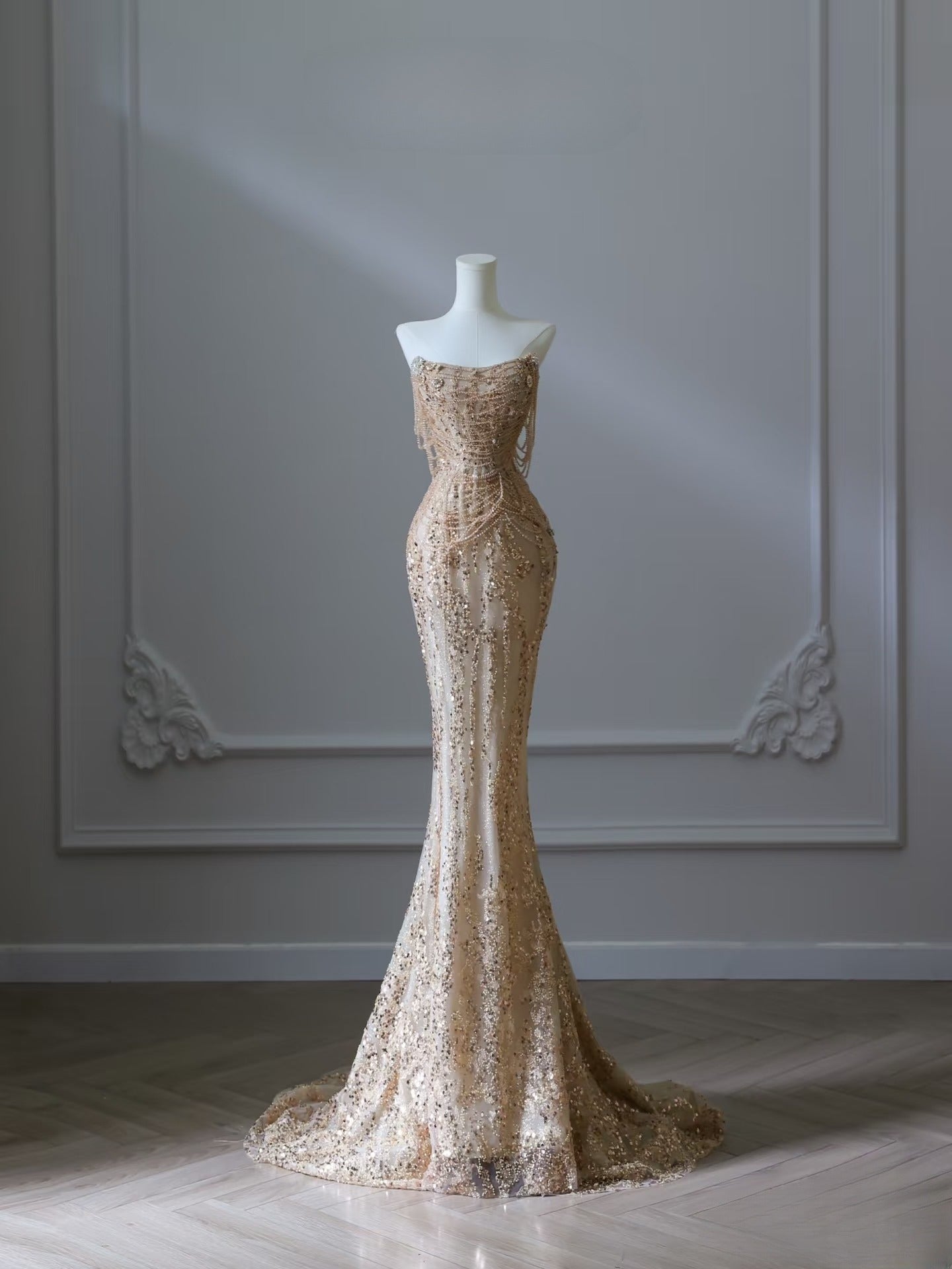 Pretty Mermaid Strapless Gold Sequin Beads Prom Dress Long Prom Dresses Main image