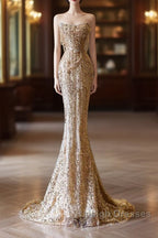 Pretty Mermaid Strapless Gold Sequin Beads Prom Dress Long Prom Dresses