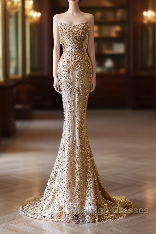 Pretty Mermaid Strapless Gold Sequin Beads Prom Dress Long Prom Dresses