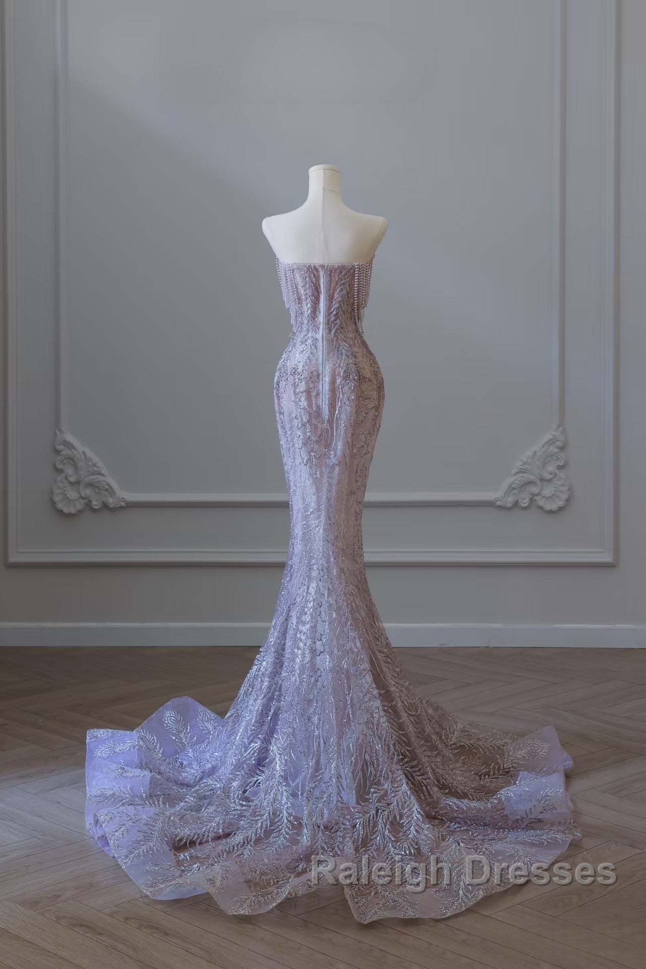 Pretty Mermaid Strapless Lilac Sequin Beads Long Prom Dresses Formal Evening Dress Secondary image