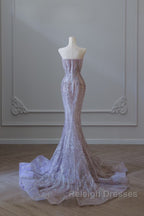 Pretty Mermaid Strapless Lilac Sequin Beads Prom Dress Long Prom Dresses