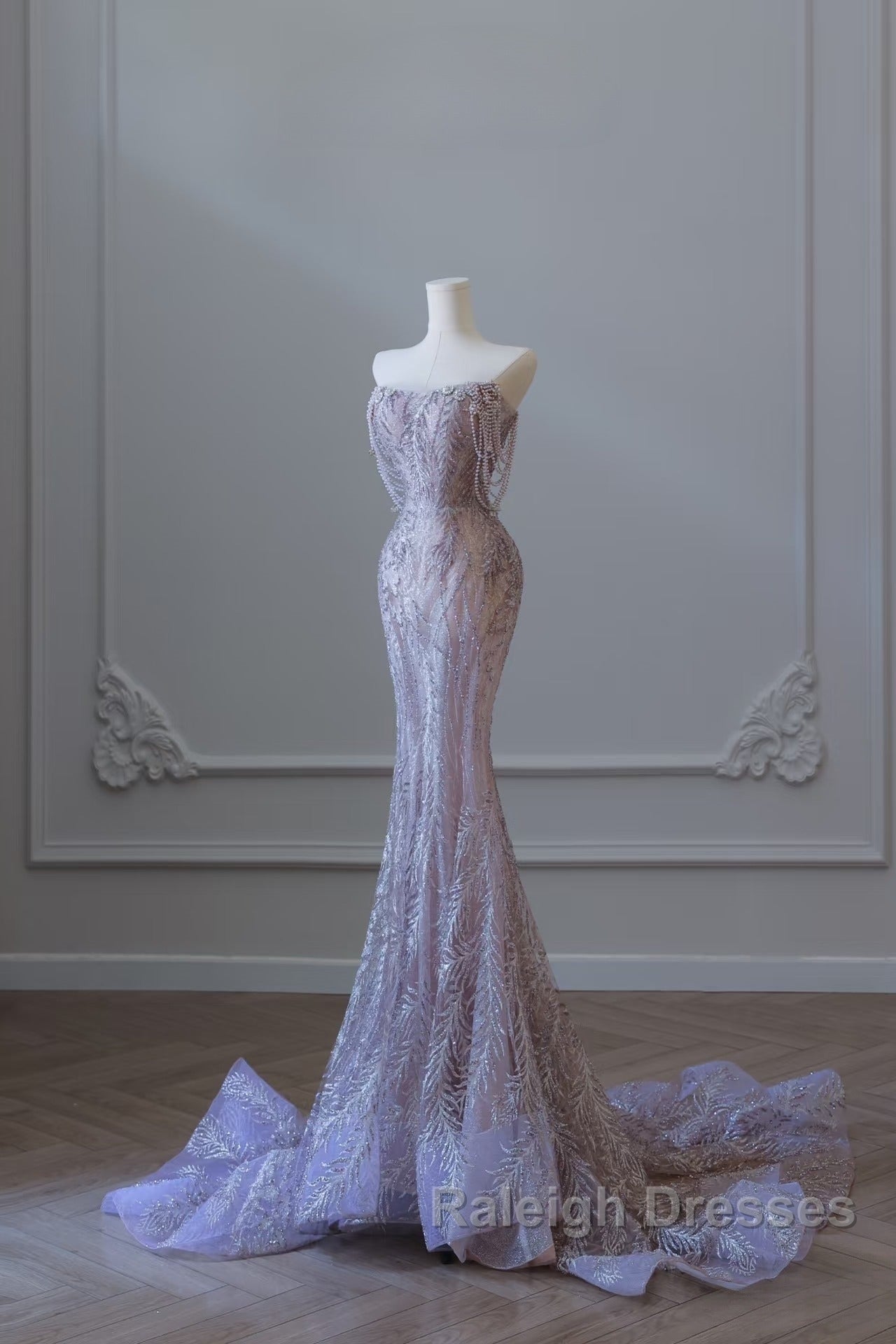 Pretty Mermaid Strapless Lilac Sequin Beads Prom Dress Long Prom Dresses