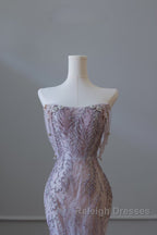 Pretty Mermaid Strapless Lilac Sequin Beads Prom Dress Long Prom Dresses