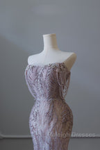 Pretty Mermaid Strapless Lilac Sequin Beads Prom Dress Long Prom Dresses