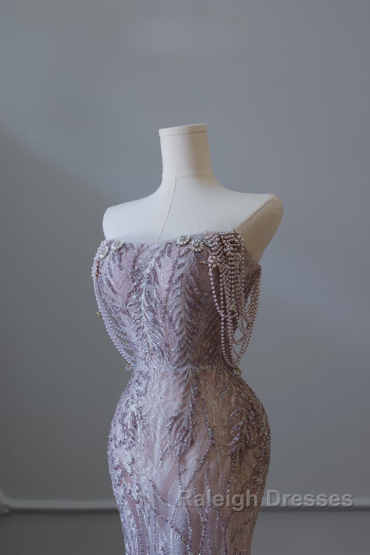Pretty Mermaid Strapless Lilac Sequin Beads Prom Dress Long Prom Dresses