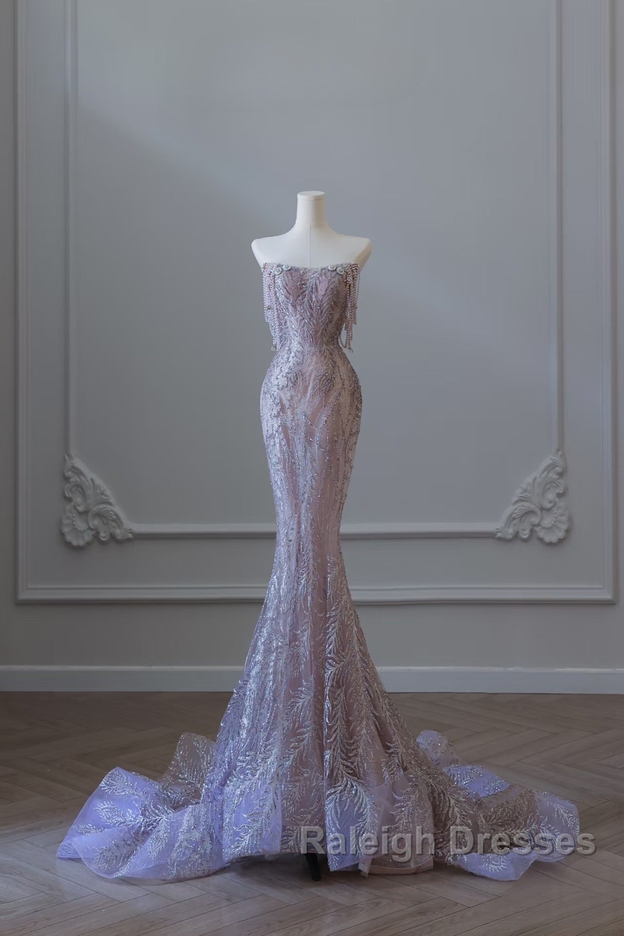 Pretty Mermaid Strapless Lilac Sequin Beads Long Prom Dresses Formal Evening Dress