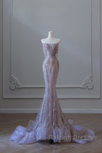 Pretty Mermaid Strapless Lilac Sequin Beads Prom Dress Long Prom Dresses