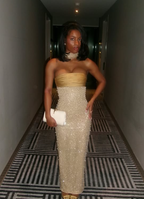 Pretty Mermaid Strapless Long Yellow Sequin Satin Prom Dress Prom Dress