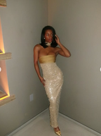 Pretty Mermaid Strapless Long Yellow Sequin Satin Prom Dress Prom Dress
