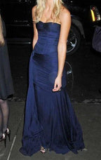 Pretty Mermaid Strapless Navy Blue Prom Dresses With Ruffle Long Evening Dress