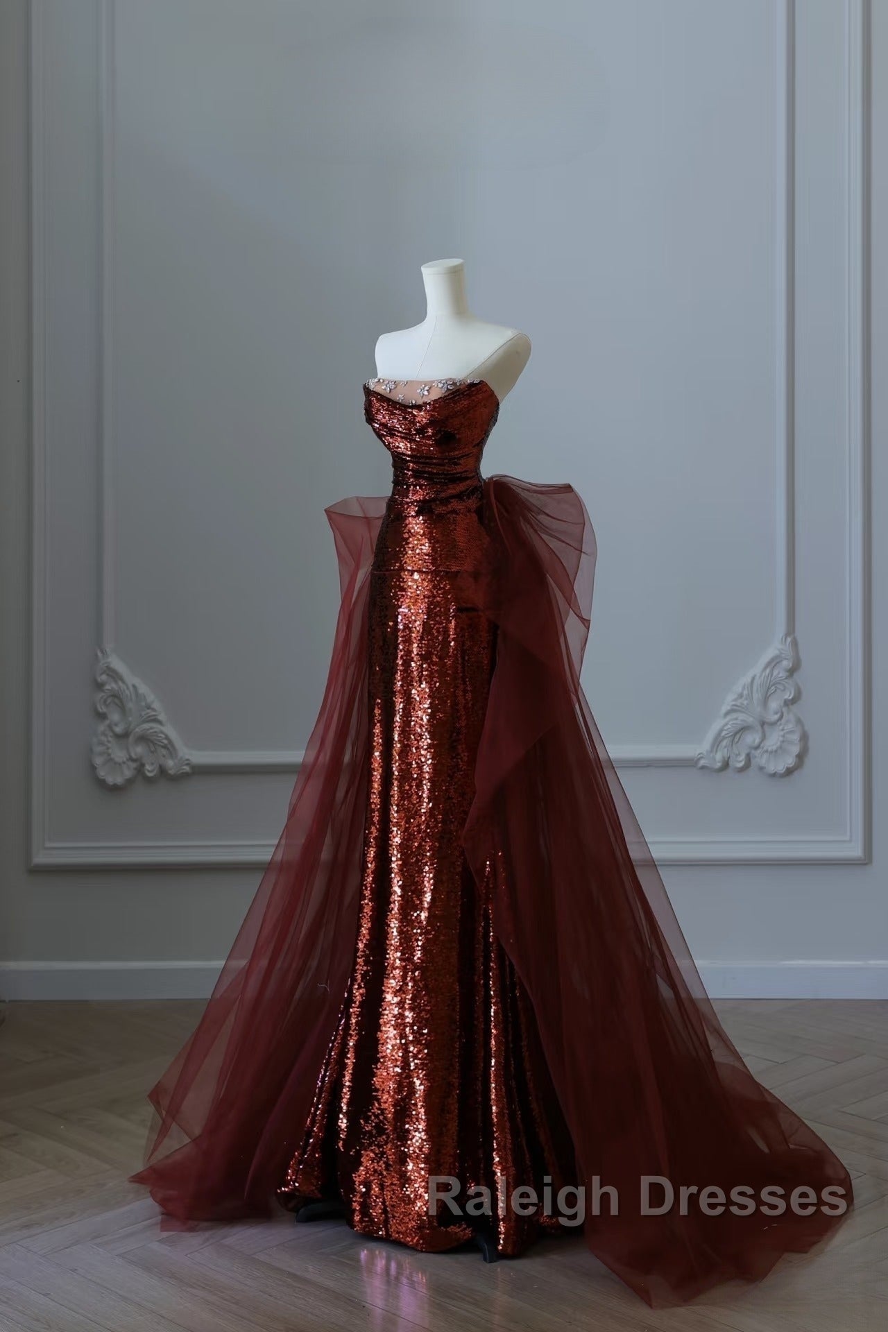 Pretty Mermaid Strapless Sequin Long Burgundy Ruffles Long Prom Dresses Formal Evening Dress