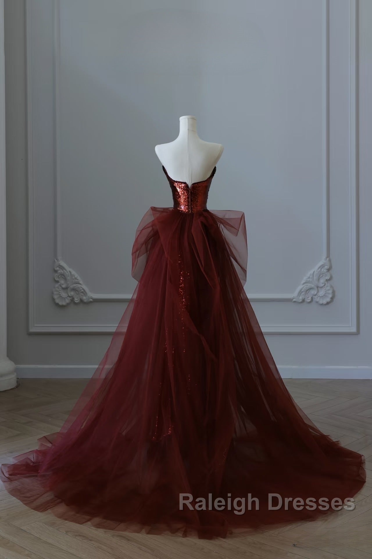 Pretty Mermaid Strapless Sequin Long Burgundy Ruffles Prom Dress Long Prom Dresses