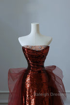 Pretty Mermaid Strapless Sequin Long Burgundy Ruffles Long Prom Dresses Formal Evening Dress